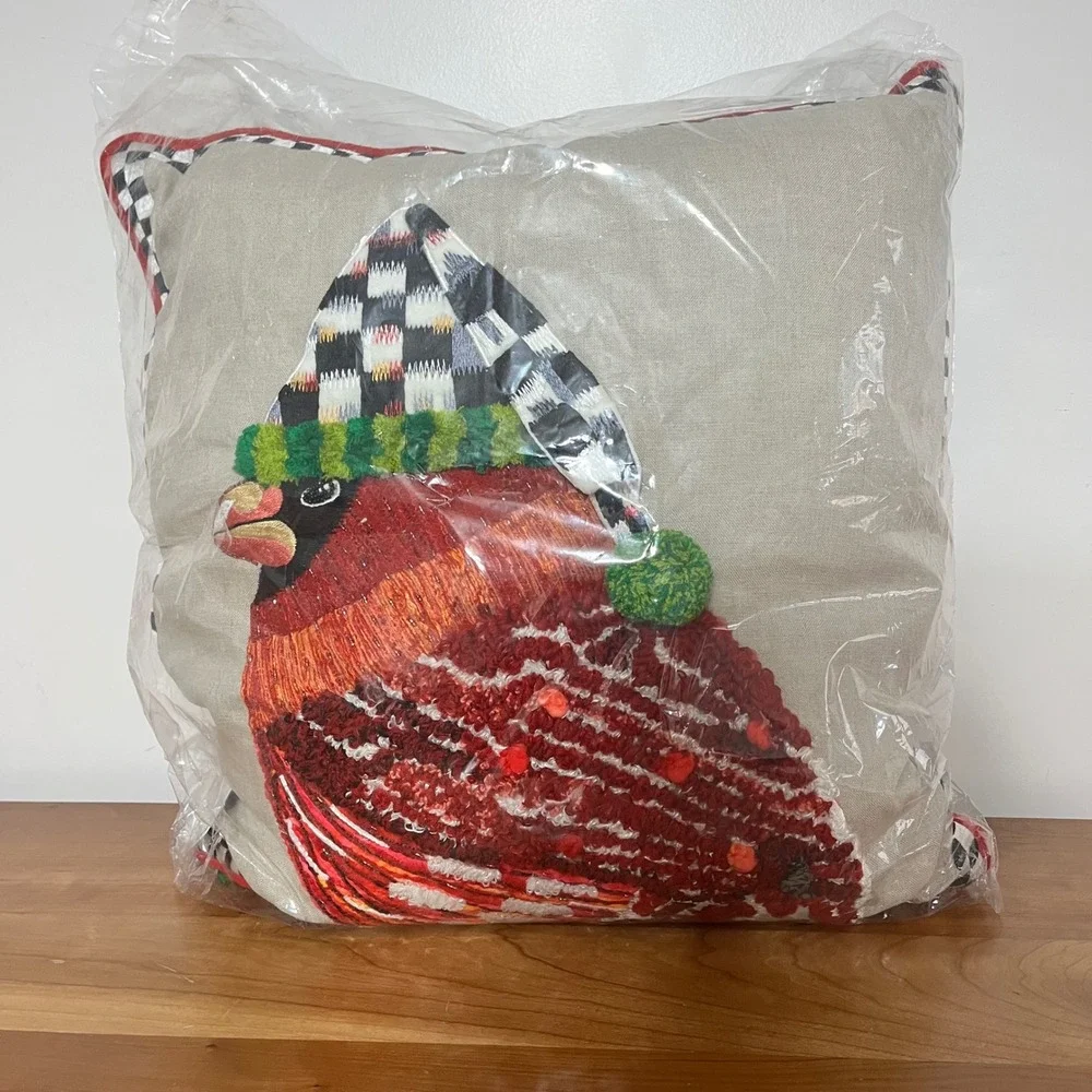 Mackenzie Childs Night Cap Cardinal Pillow 20x20 Christmas Courtly Check Velvet